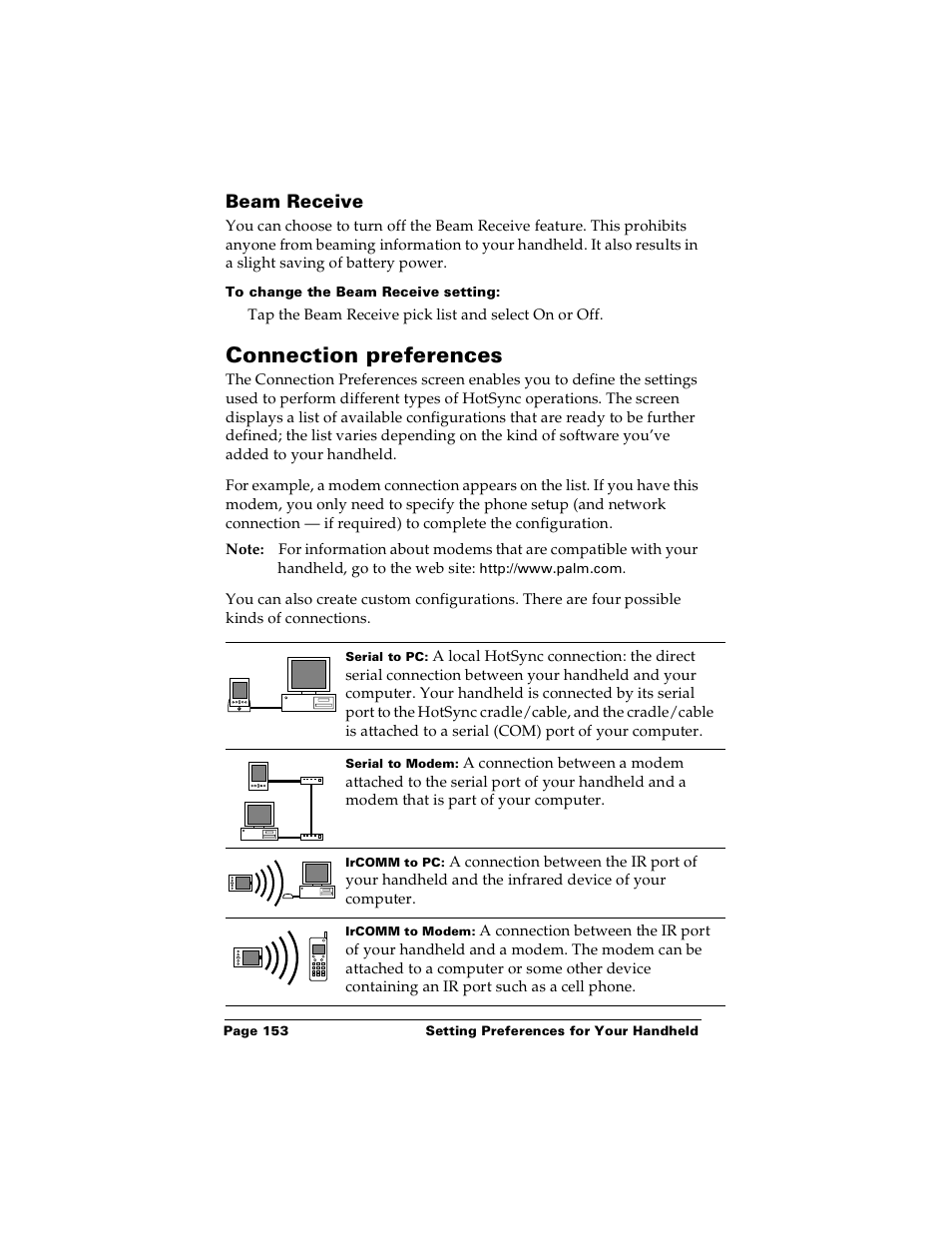 Beam receive, To change the beam receive setting, Connection preferences | Literal characters | Palm Handhelds m100 User Manual | Page 160 / 219