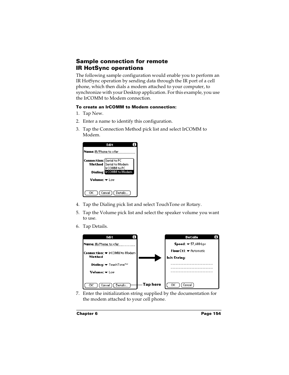 Sample connection for remote ir hotsync operations, To create an ircomm to modem connection | Palm Handhelds m100 User Manual | Page 161 / 219