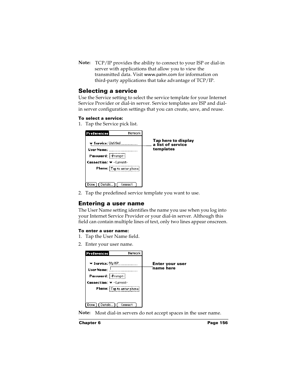 Selecting a service, To select a service, Entering a user name | To enter a user name, Selecting a service entering a user name | Palm Handhelds m100 User Manual | Page 163 / 219