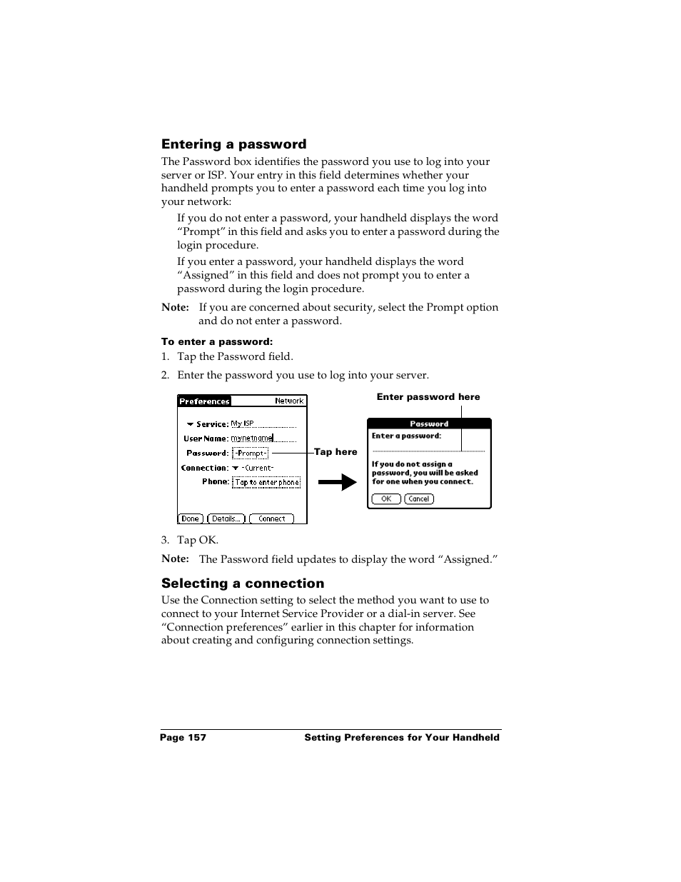 Entering a password, To enter a password, Selecting a connection | Entering a password selecting a connection | Palm Handhelds m100 User Manual | Page 164 / 219