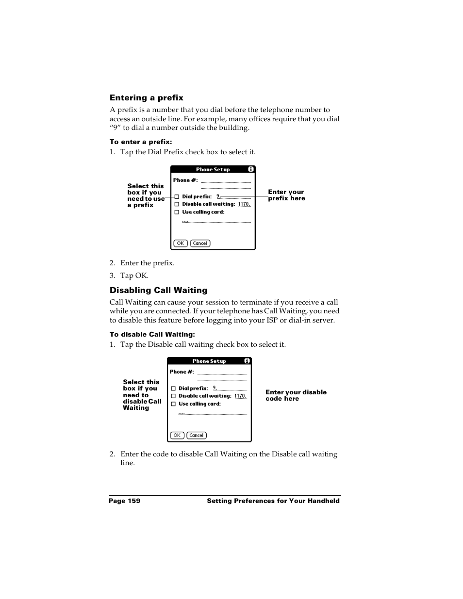 Entering a prefix, To enter a prefix, Disabling call waiting | To disable call waiting | Palm Handhelds m100 User Manual | Page 166 / 219