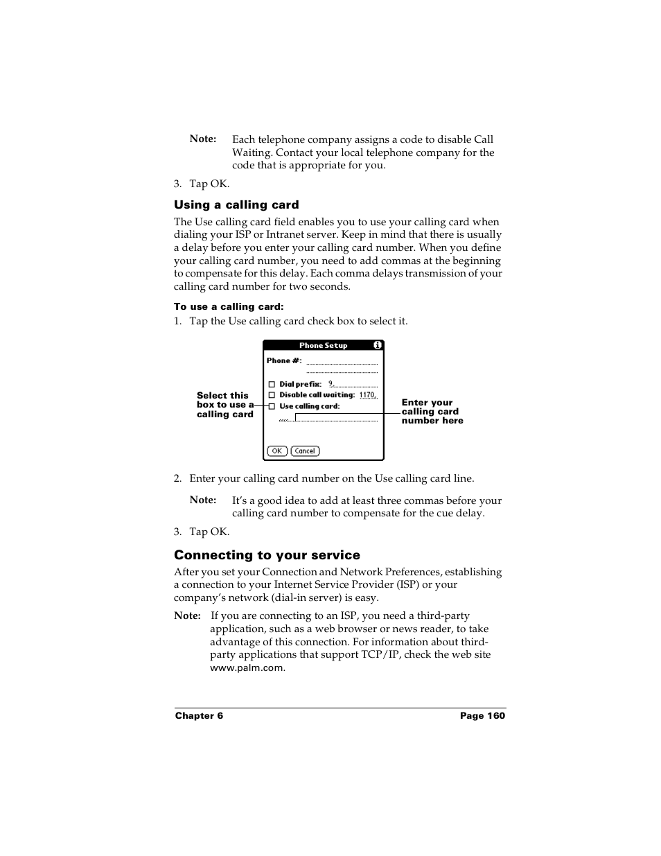 Using a calling card, To use a calling card, Connecting to your service | Palm Handhelds m100 User Manual | Page 167 / 219