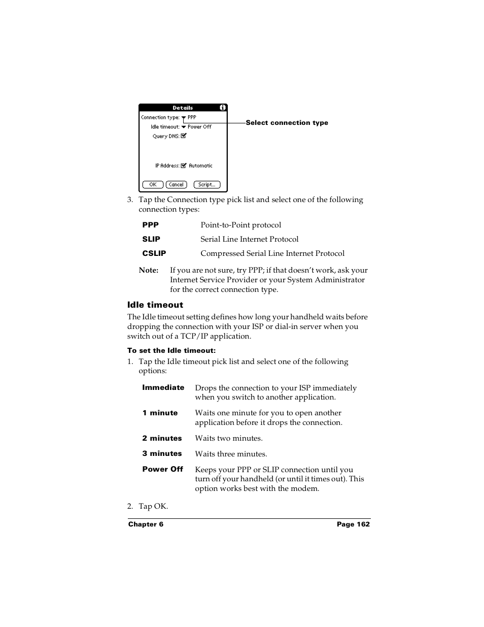 Idle timeout, To set the idle timeout | Palm Handhelds m100 User Manual | Page 169 / 219