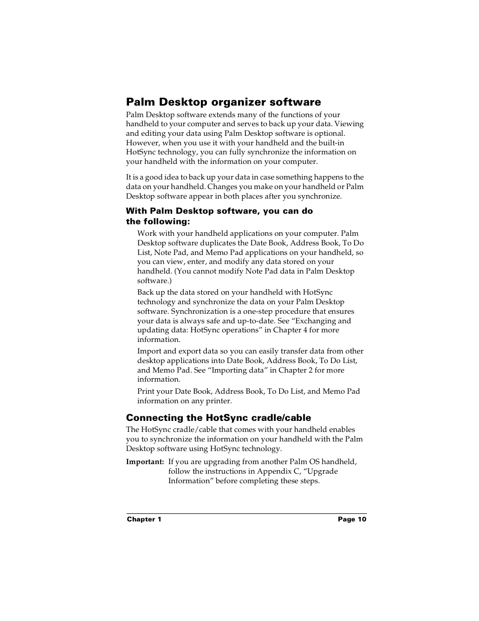 Palm desktop organizer software, Connecting the hotsync cradle/cable | Palm Handhelds m100 User Manual | Page 17 / 219