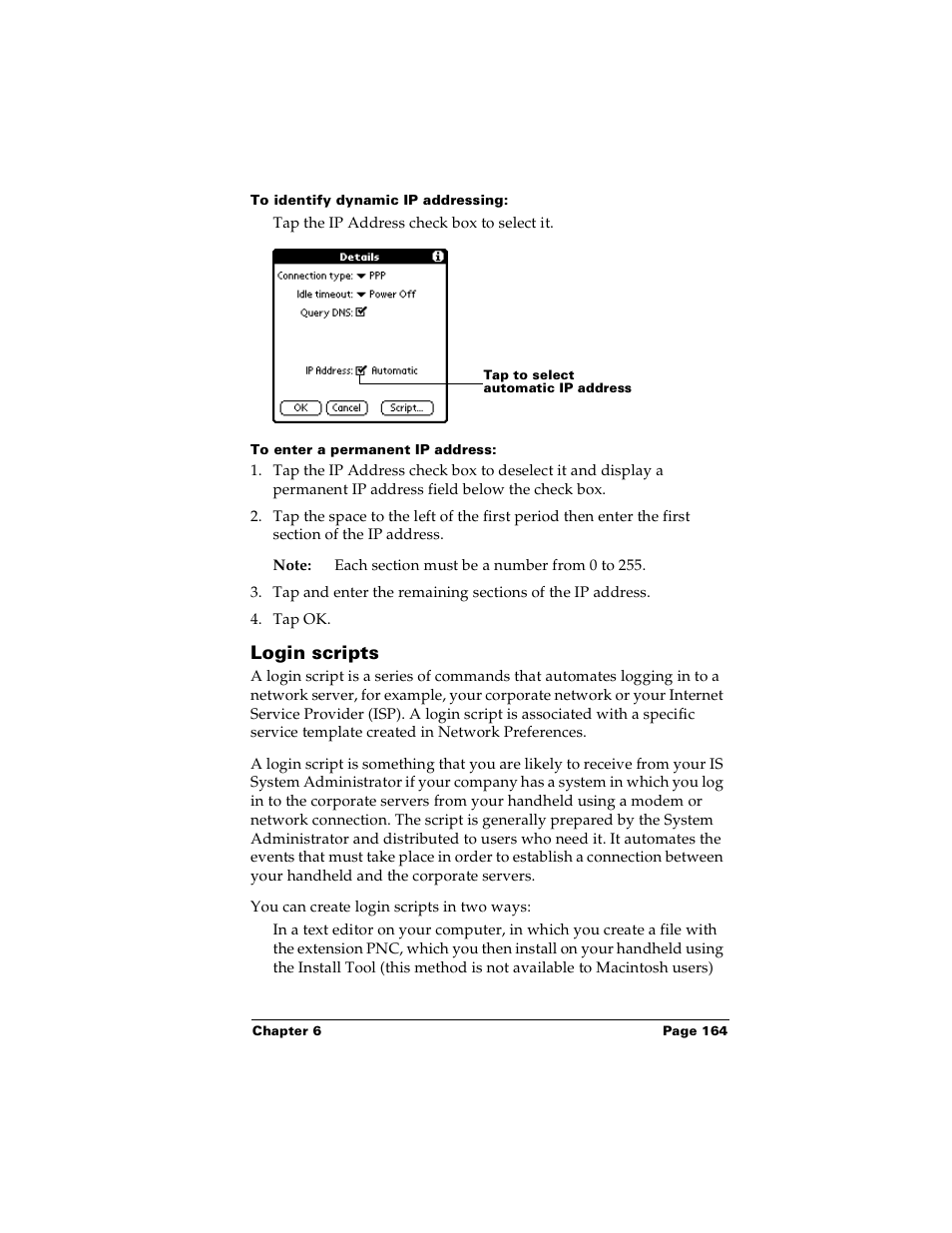 To identify dynamic ip addressing, To enter a permanent ip address, Login scripts | Palm Handhelds m100 User Manual | Page 171 / 219