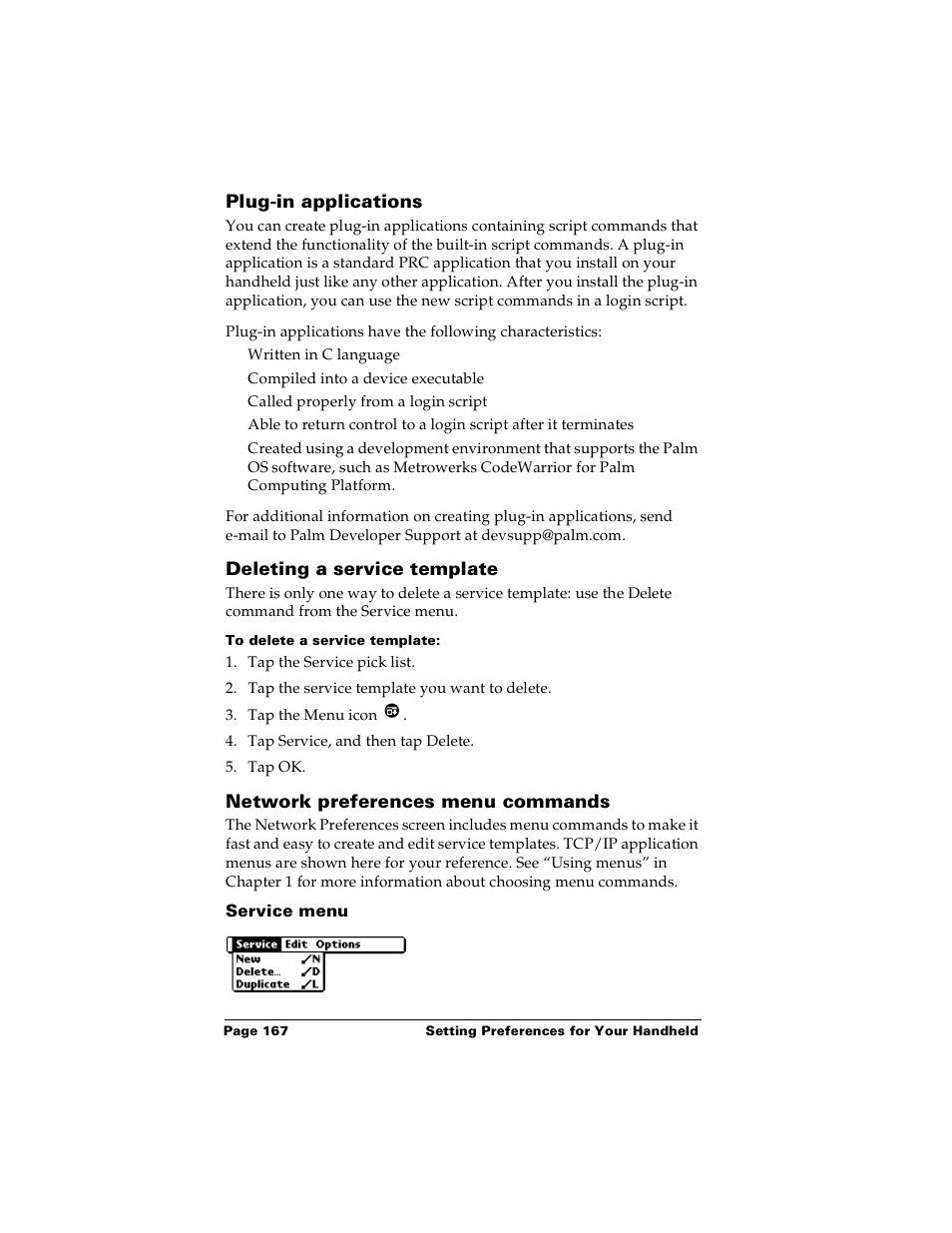 Plug-in applications, Deleting a service template, To delete a service template | Network preferences menu commands, Service menu | Palm Handhelds m100 User Manual | Page 174 / 219