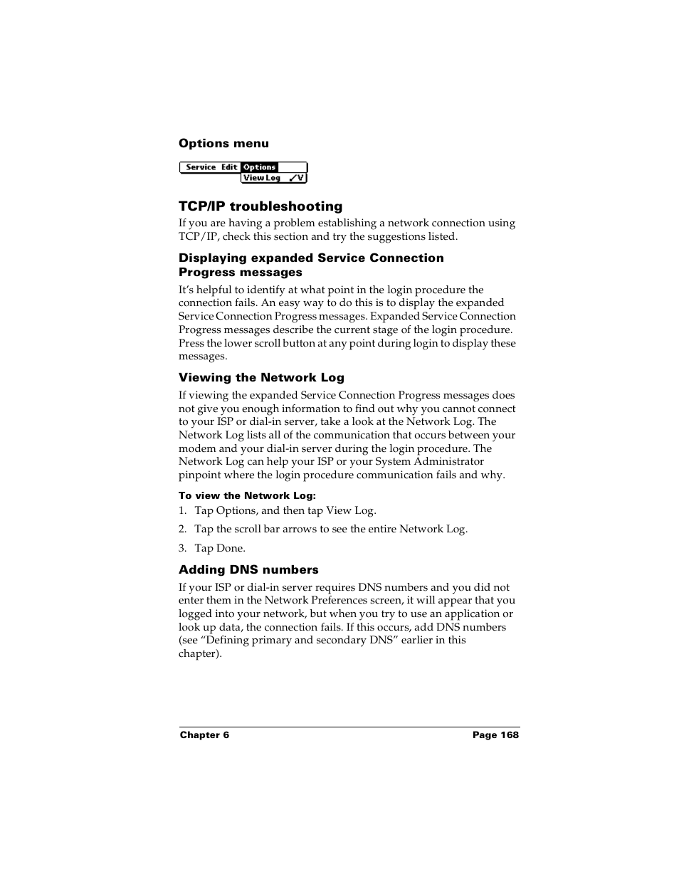 Options menu, Tcp/ip troubleshooting, Viewing the network log | To view the network log, Adding dns numbers | Palm Handhelds m100 User Manual | Page 175 / 219