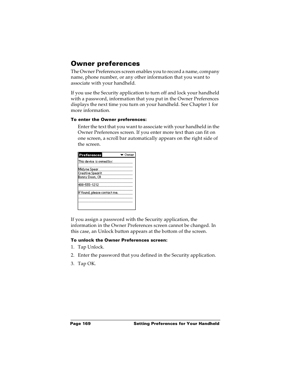 Owner preferences, To enter the owner preferences, To unlock the owner preferences screen | Palm Handhelds m100 User Manual | Page 176 / 219