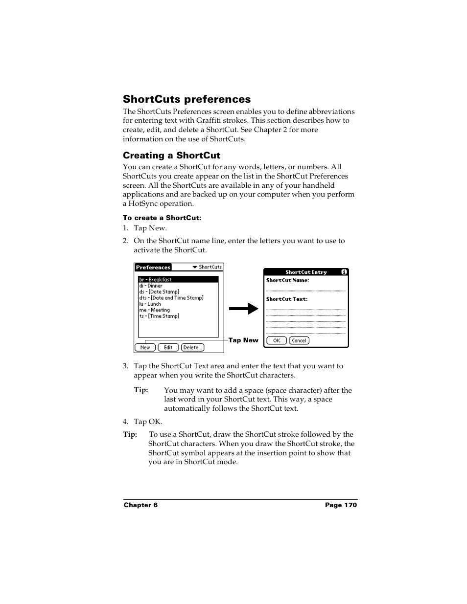 Shortcuts preferences, Creating a shortcut, To create a shortcut | Palm Handhelds m100 User Manual | Page 177 / 219