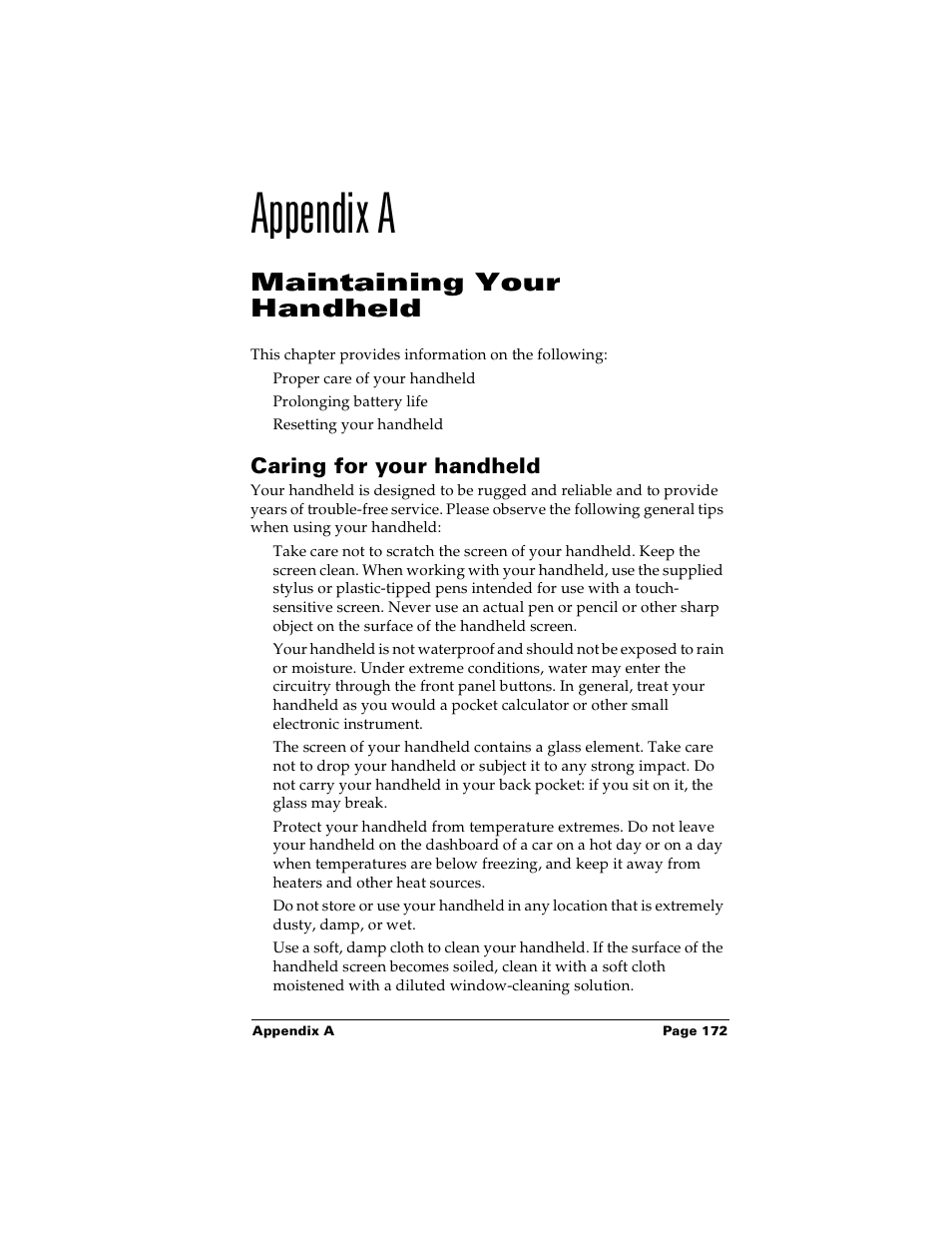 Appendix a, Maintaining your handheld, Caring for your handheld | Appendix a: maintaining your handheld, See appendix a | Palm Handhelds m100 User Manual | Page 179 / 219