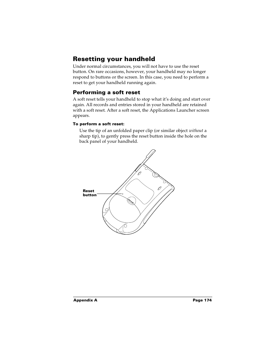 Resetting your handheld, Performing a soft reset, To perform a soft reset | Palm Handhelds m100 User Manual | Page 181 / 219