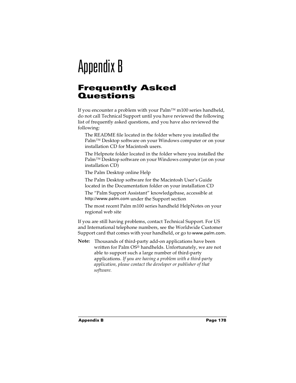 Appendix b, Frequently asked questions, Appendix b: frequently asked questions | Palm Handhelds m100 User Manual | Page 185 / 219