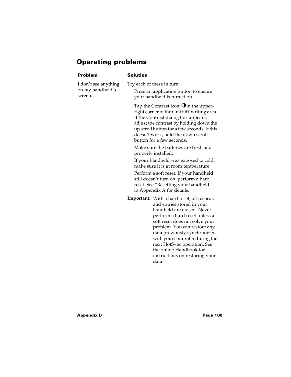 Operating problems | Palm Handhelds m100 User Manual | Page 187 / 219