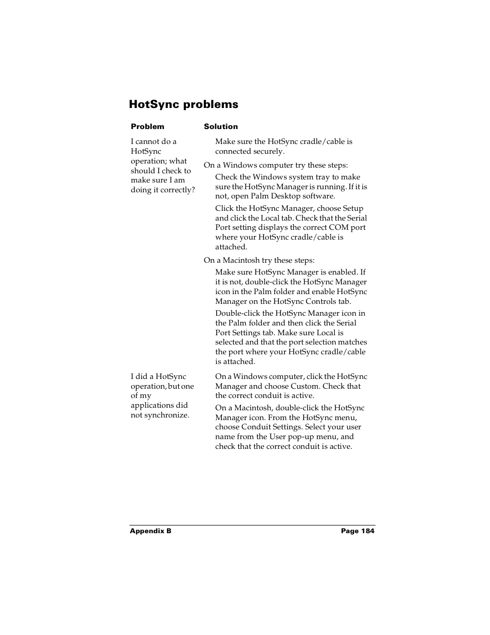 Hotsync problems | Palm Handhelds m100 User Manual | Page 191 / 219