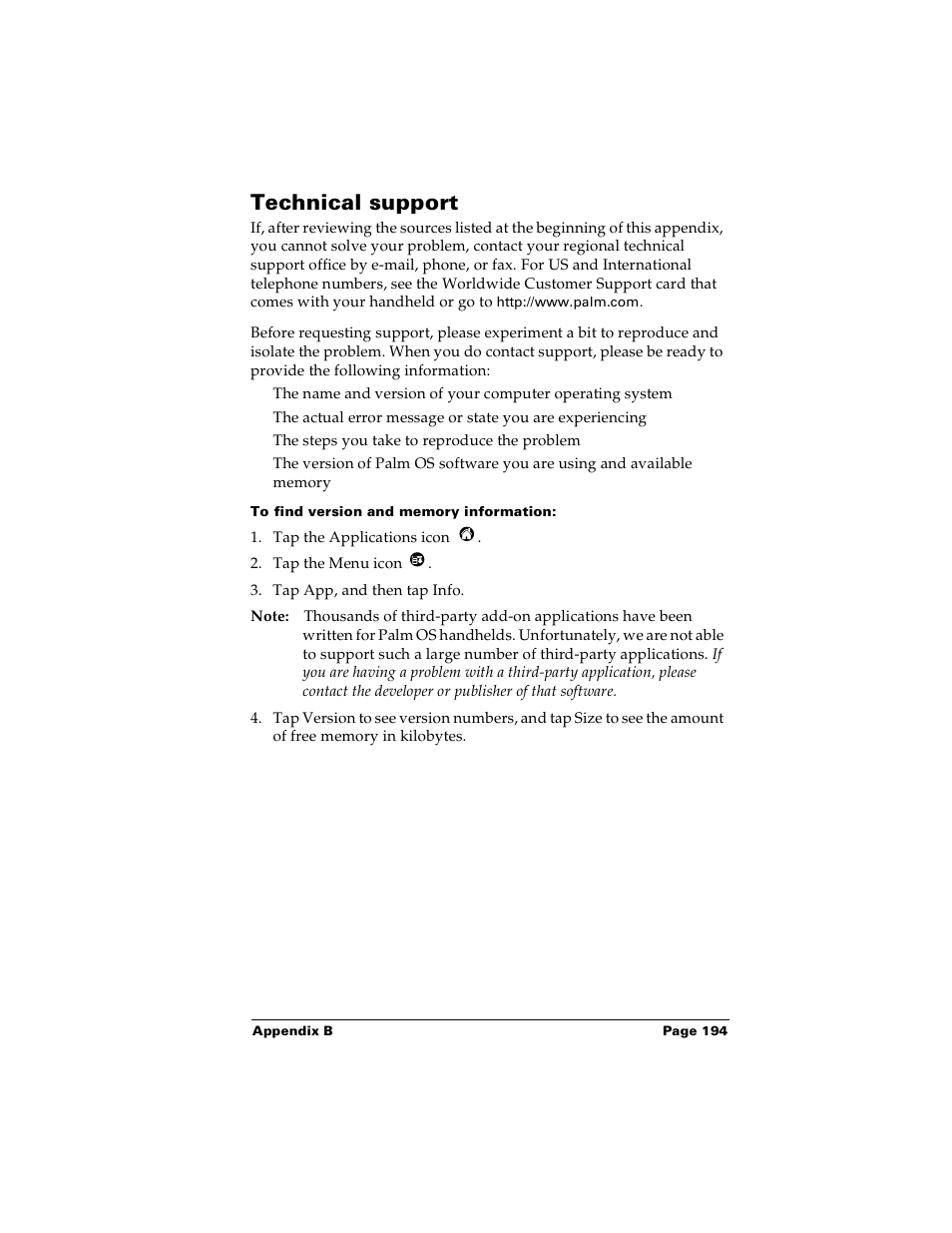 Technical support, To find version and memory information | Palm Handhelds m100 User Manual | Page 201 / 219