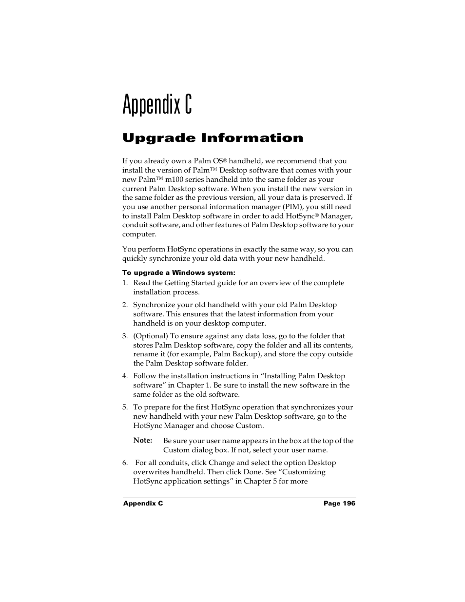 Appendix c, Upgrade information, To upgrade a windows system | Appendix c: upgrade information | Palm Handhelds m100 User Manual | Page 203 / 219