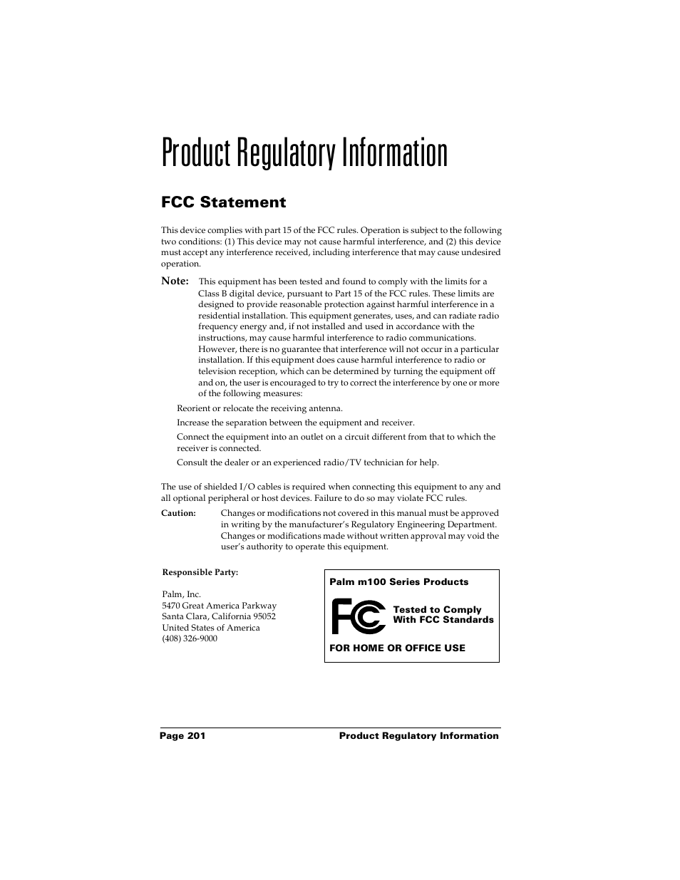 Product regulatory information, Fcc statement | Palm Handhelds m100 User Manual | Page 208 / 219