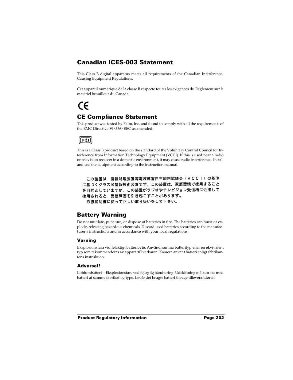 Canadian ices-003 statement, Ce compliance statement, Battery warning | Varning, Advarsel, Ce compliance statement battery warning | Palm Handhelds m100 User Manual | Page 209 / 219