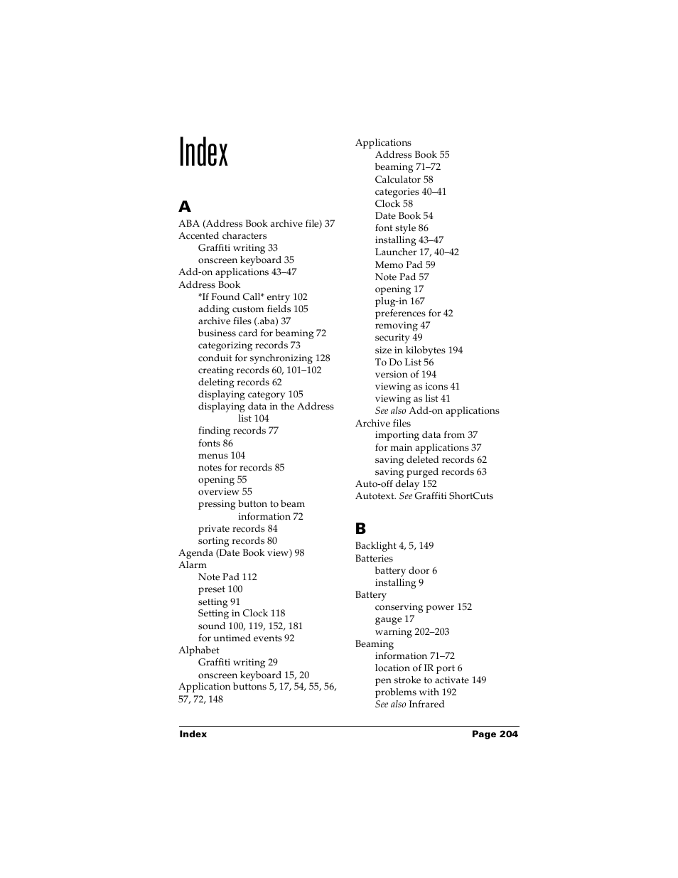 Index | Palm Handhelds m100 User Manual | Page 211 / 219