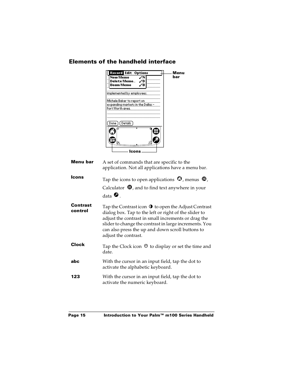 Elements of the handheld interface | Palm Handhelds m100 User Manual | Page 22 / 219