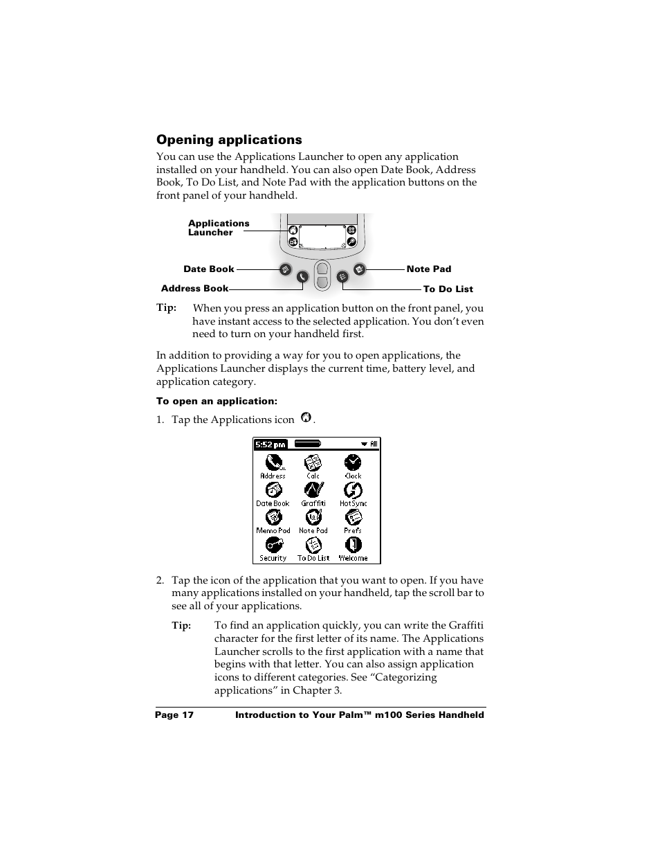 Opening applications, To open an application | Palm Handhelds m100 User Manual | Page 24 / 219