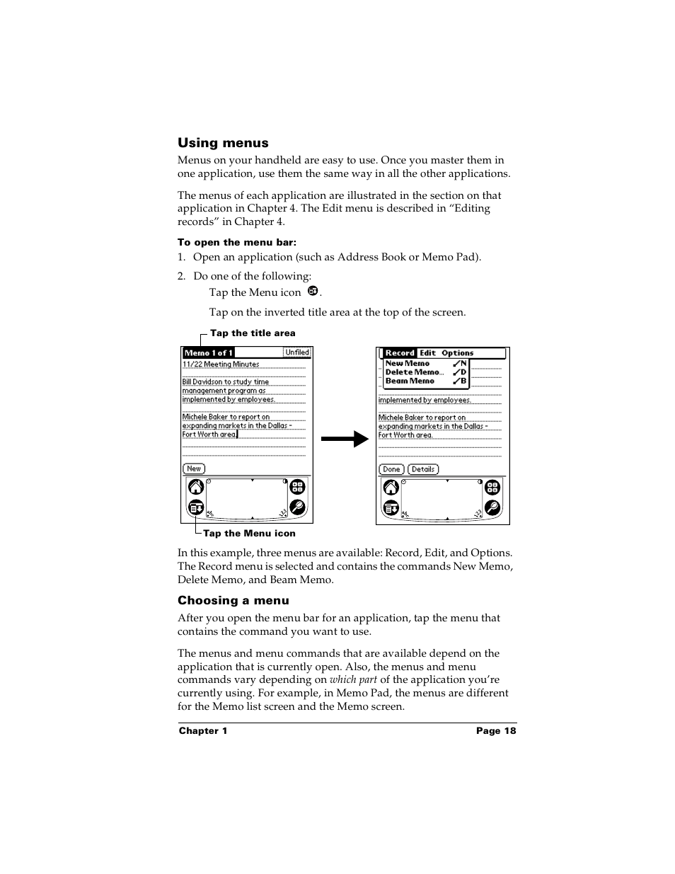 Using menus, To open the menu bar, Choosing a menu | Palm Handhelds m100 User Manual | Page 25 / 219