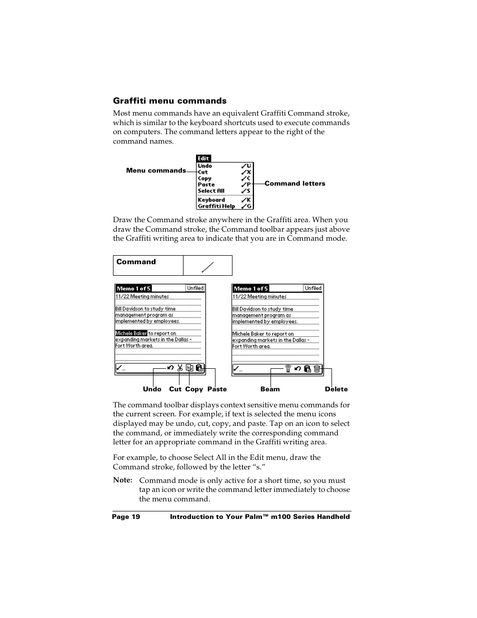 Graffiti menu commands | Palm Handhelds m100 User Manual | Page 26 / 219