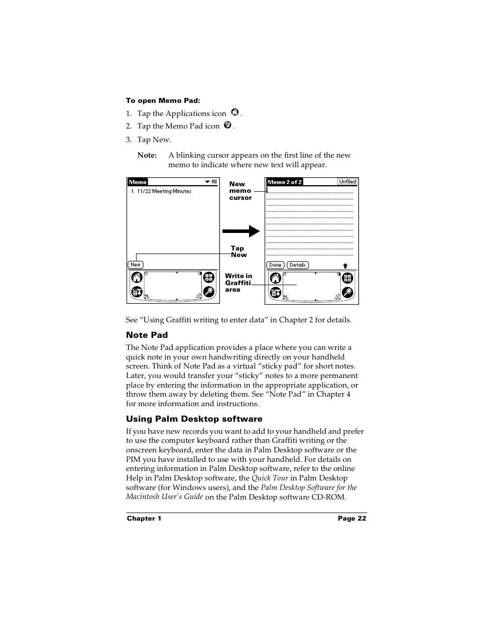 To open memo pad, Note pad, Using palm desktop software | Palm Handhelds m100 User Manual | Page 29 / 219