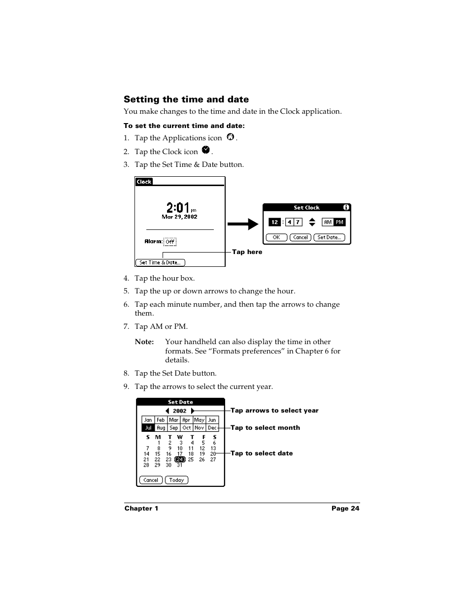 Setting the time and date, To set the current time and date | Palm Handhelds m100 User Manual | Page 31 / 219