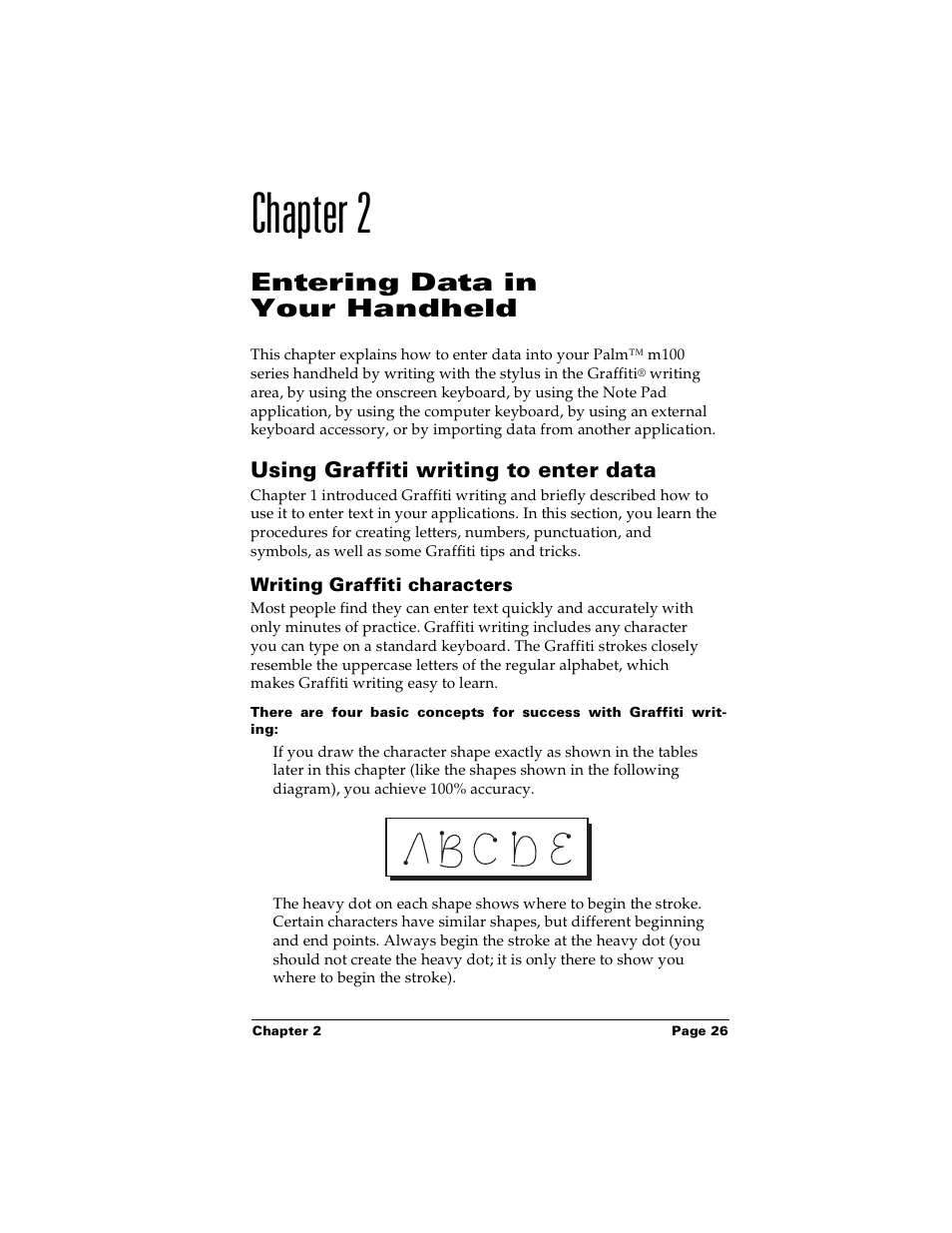 Chapter 2, Entering data in your handheld, Using graffiti writing to enter data | Writing graffiti characters, Chapter 2: entering data in your handheld | Palm Handhelds m100 User Manual | Page 33 / 219
