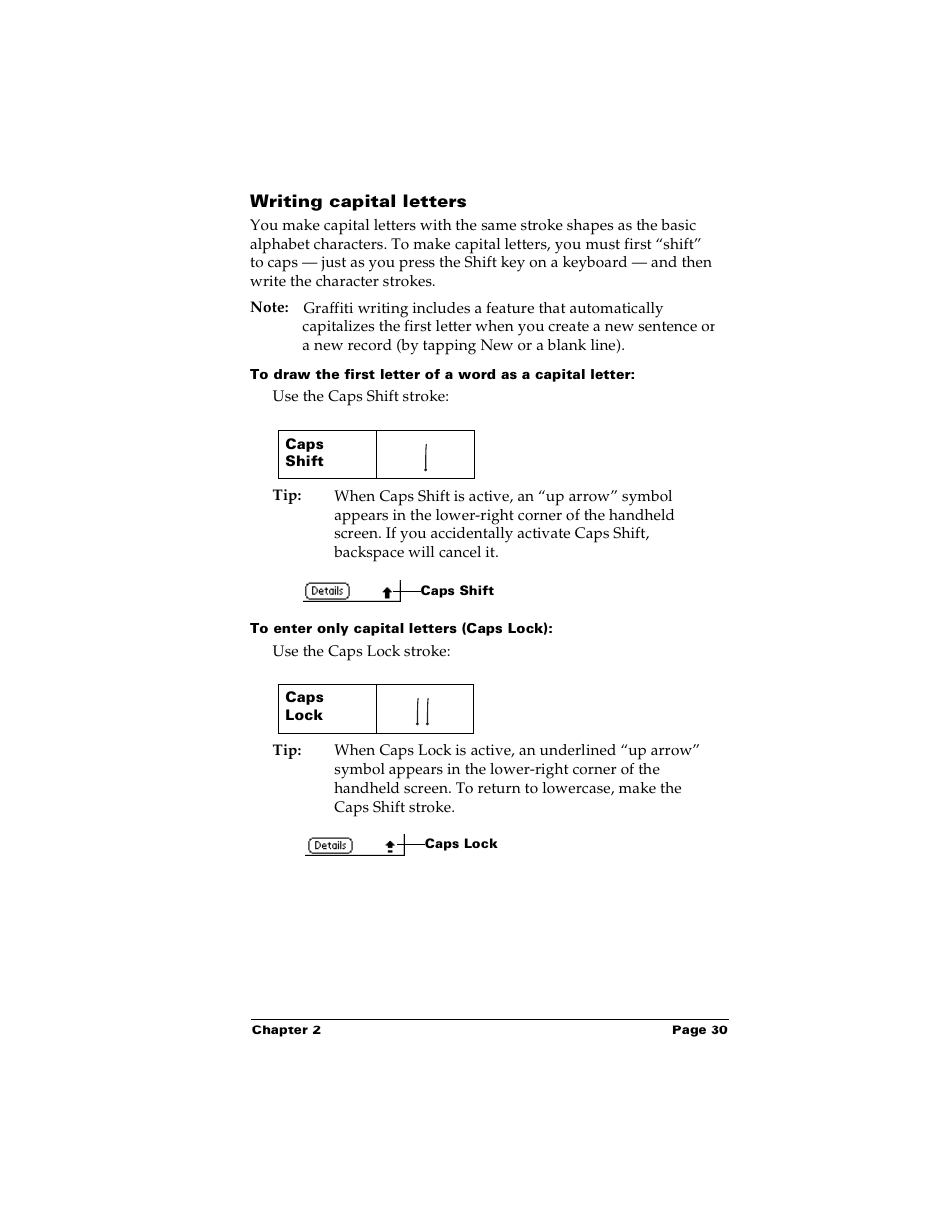 Writing capital letters, To enter only capital letters (caps lock) | Palm Handhelds m100 User Manual | Page 37 / 219