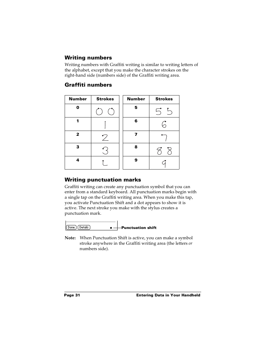 Writing numbers, Graffiti numbers, Writing punctuation marks | Graffiti numbers writing punctuation marks | Palm Handhelds m100 User Manual | Page 38 / 219