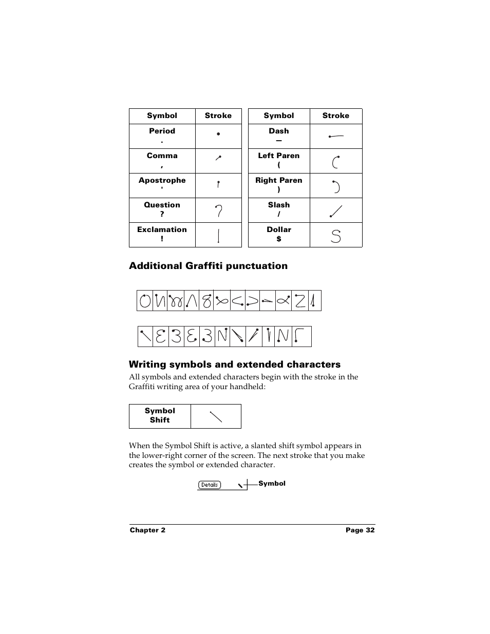 Additional graffiti punctuation, Writing symbols and extended characters | Palm Handhelds m100 User Manual | Page 39 / 219