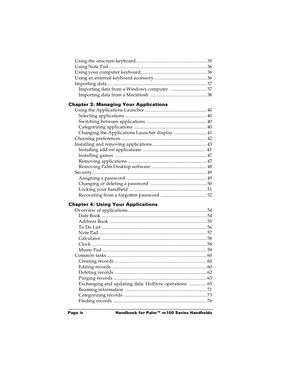 Palm Handhelds m100 User Manual | Page 4 / 219