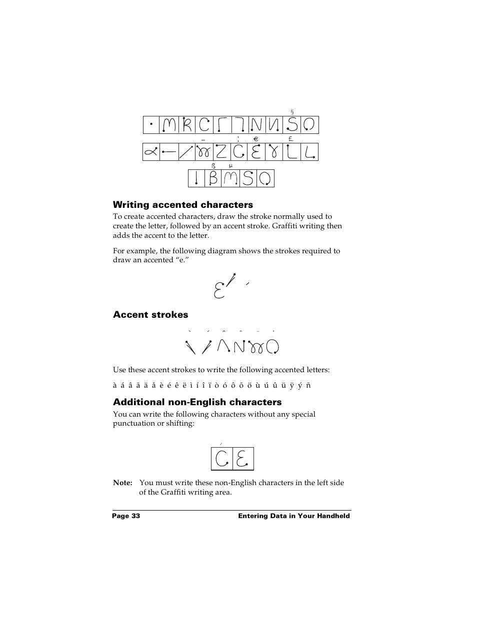 Writing accented characters, Accent strokes, Additional non-english characters | Palm Handhelds m100 User Manual | Page 40 / 219