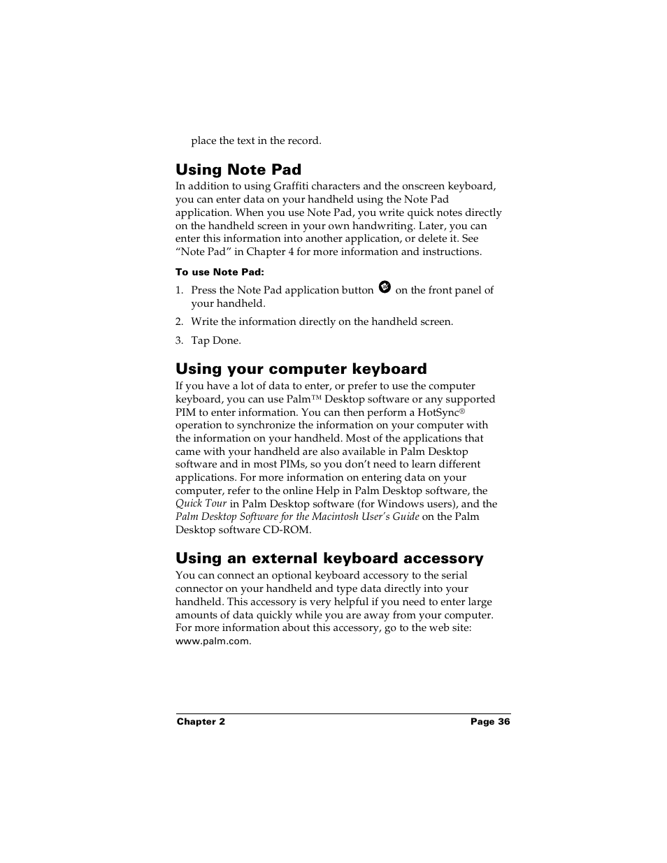 Using note pad, To use note pad, Using your computer keyboard | Using an external keyboard accessory | Palm Handhelds m100 User Manual | Page 43 / 219