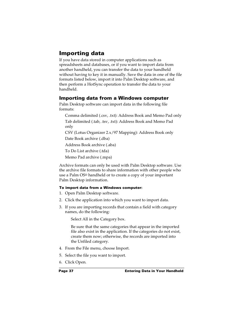 Importing data, Importing data from a windows computer, To import data from a windows computer | Palm Handhelds m100 User Manual | Page 44 / 219