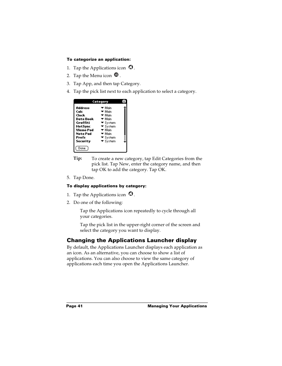 To categorize an application, To display applications by category, Changing the applications launcher display | Palm Handhelds m100 User Manual | Page 48 / 219