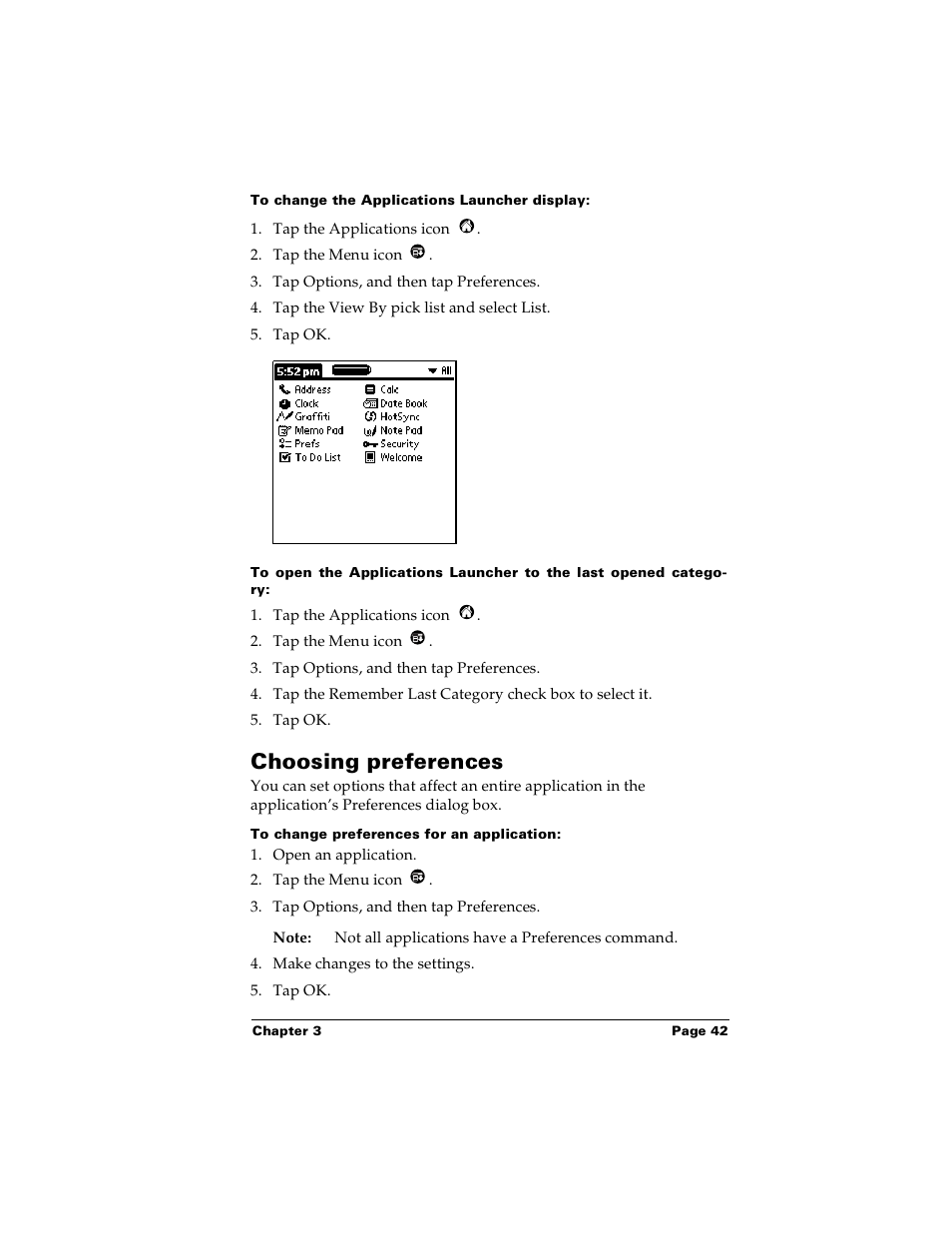 To change the applications launcher display, Choosing preferences, To change preferences for an application | Palm Handhelds m100 User Manual | Page 49 / 219