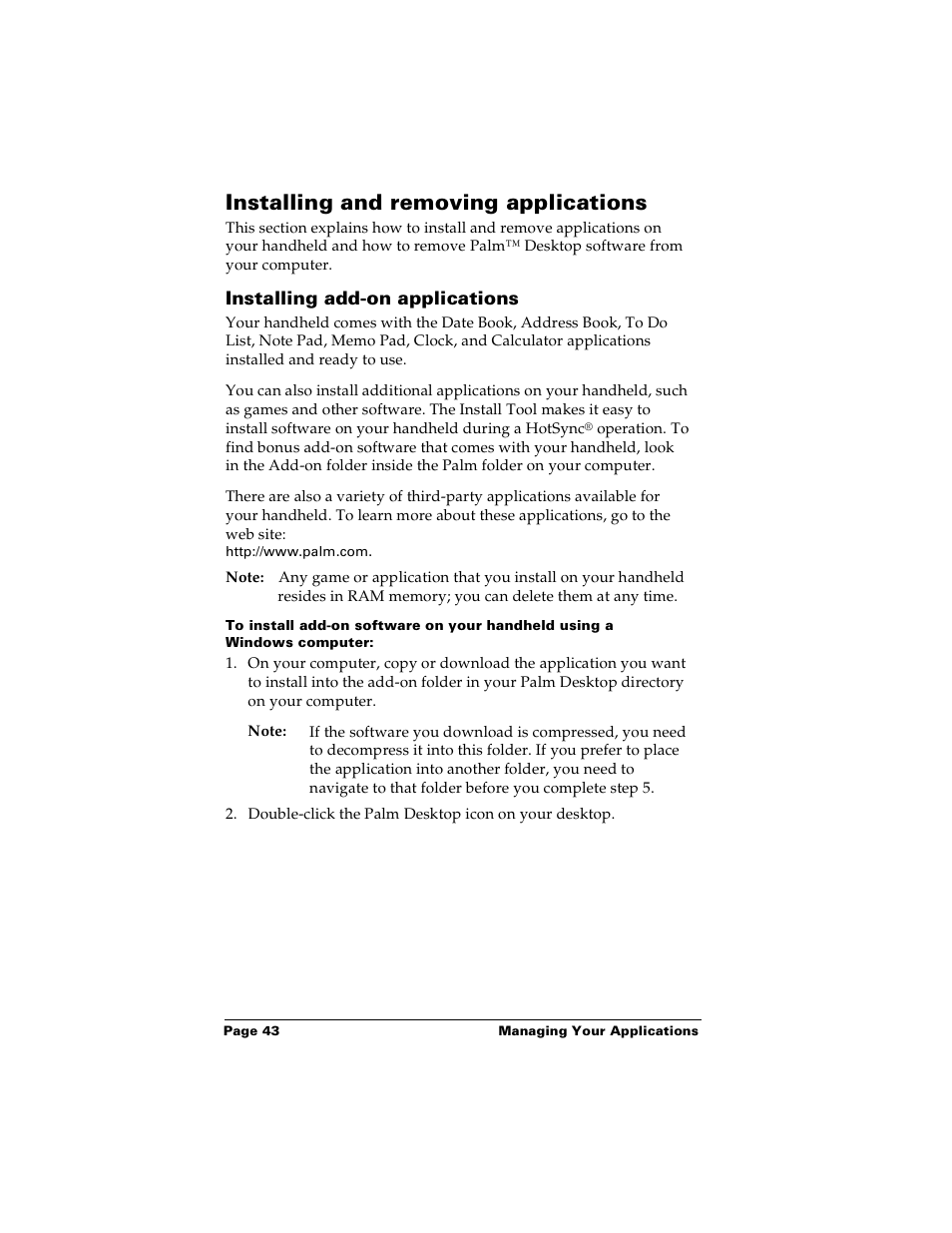 Installing and removing applications, Installing add-on applications | Palm Handhelds m100 User Manual | Page 50 / 219