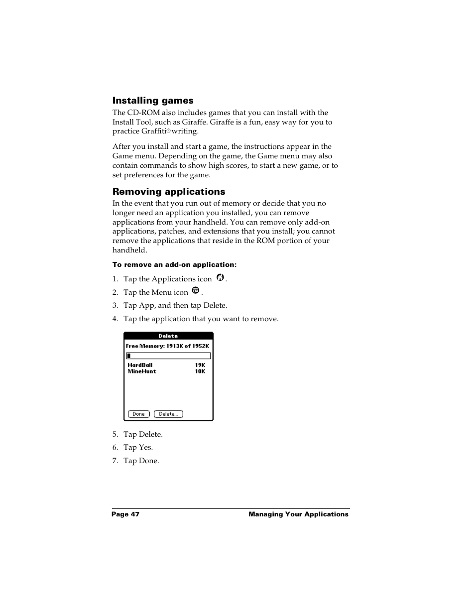 Installing games, Removing applications, To remove an add-on application | Installing games removing applications | Palm Handhelds m100 User Manual | Page 54 / 219