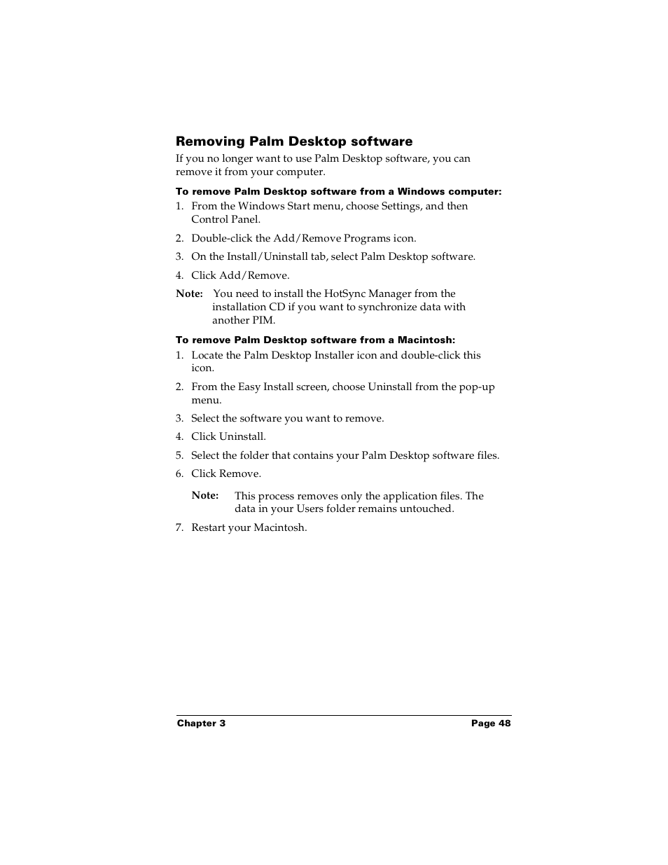 Removing palm desktop software, To remove palm desktop software from a macintosh | Palm Handhelds m100 User Manual | Page 55 / 219