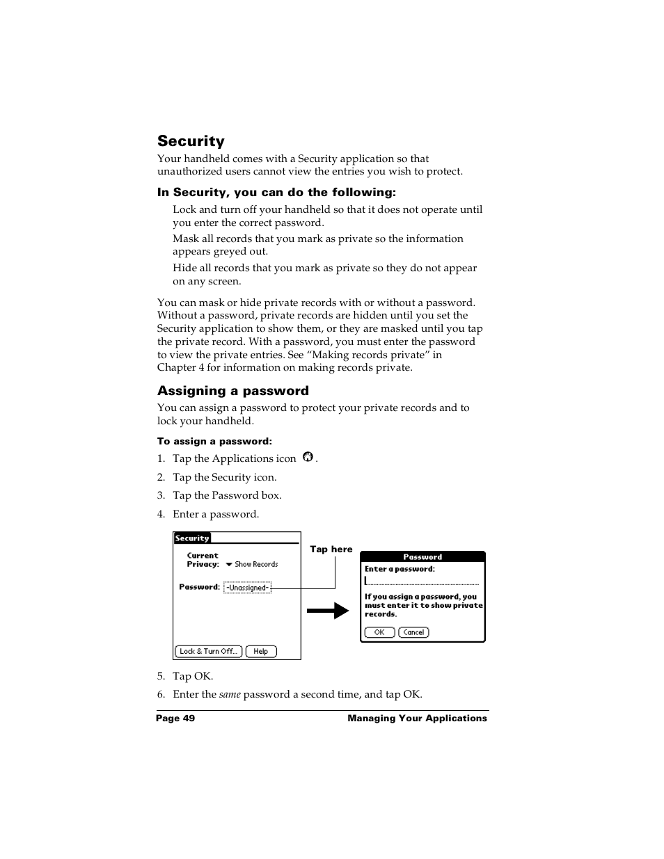 Security, In security, you can do the following, Assigning a password | To assign a password | Palm Handhelds m100 User Manual | Page 56 / 219
