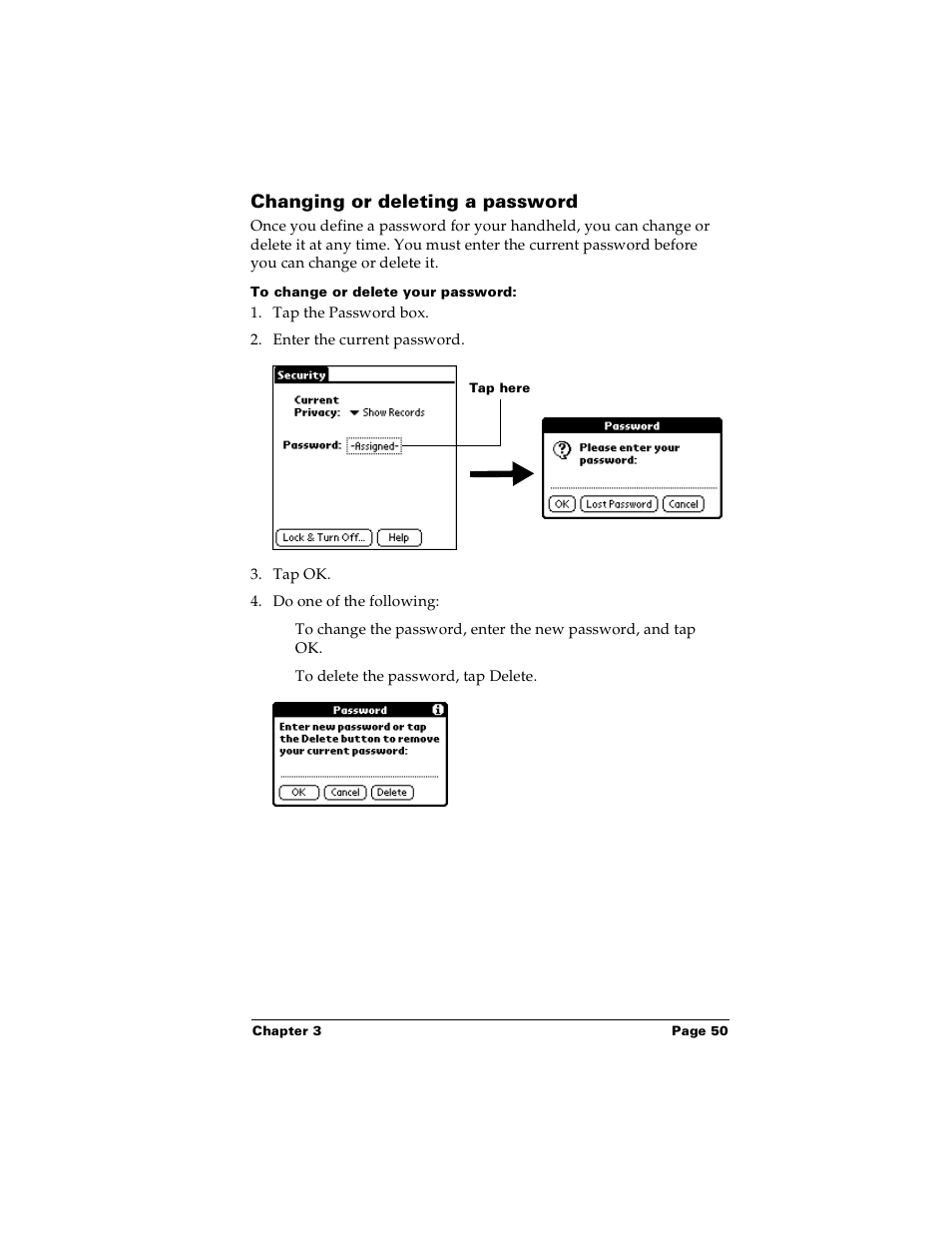 Changing or deleting a password, To change or delete your password | Palm Handhelds m100 User Manual | Page 57 / 219