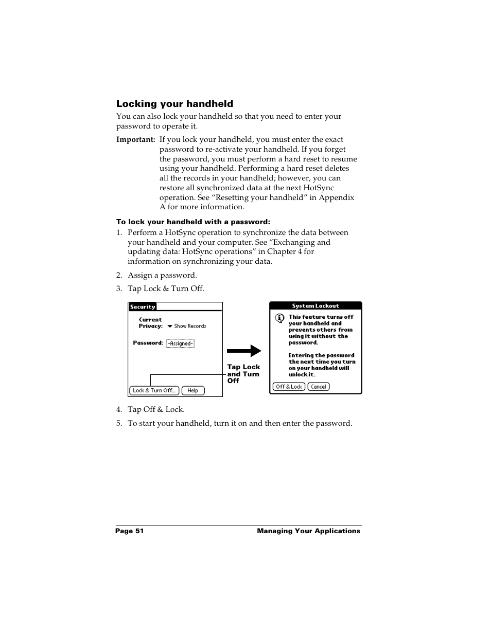 Locking your handheld, To lock your handheld with a password | Palm Handhelds m100 User Manual | Page 58 / 219