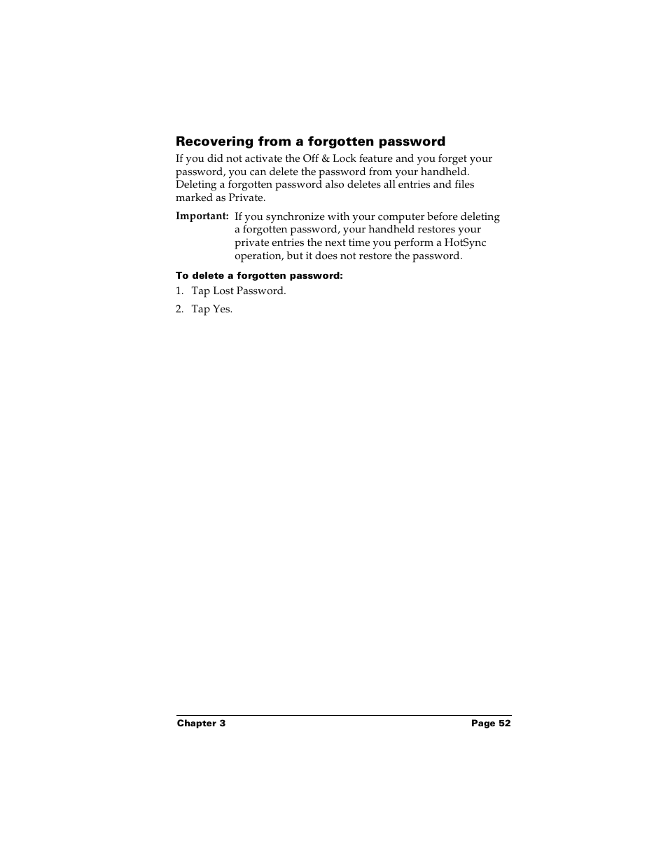 Recovering from a forgotten password, To delete a forgotten password | Palm Handhelds m100 User Manual | Page 59 / 219