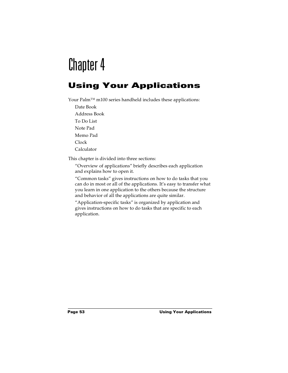 Chapter 4, Using your applications, Chapter 4: using your applications | Palm Handhelds m100 User Manual | Page 60 / 219