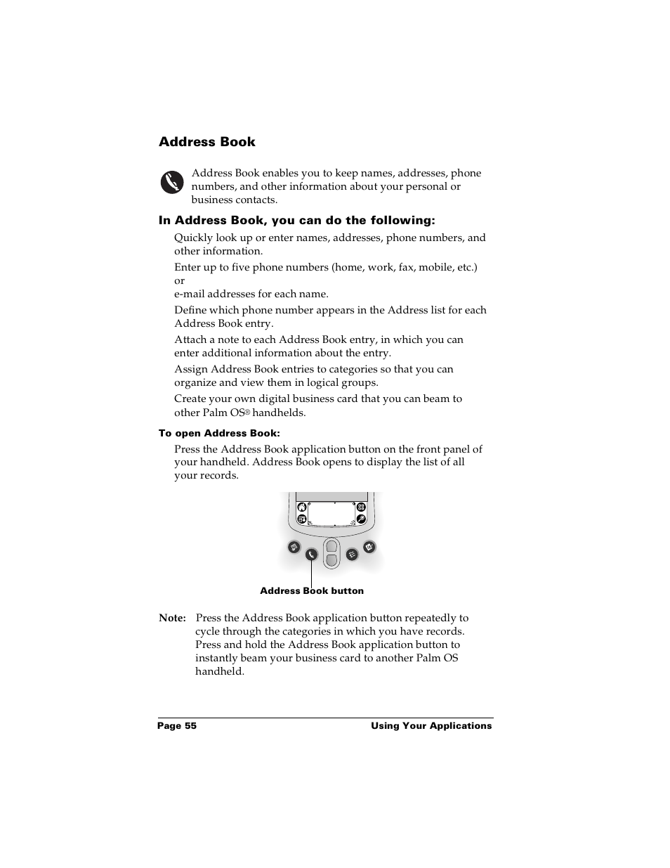 Address book, In address book, you can do the following, To open address book | Palm Handhelds m100 User Manual | Page 62 / 219