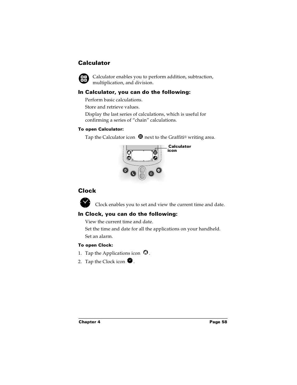 Calculator, In calculator, you can do the following, To open calculator | Clock, In clock, you can do the following, To open clock, Calculator clock | Palm Handhelds m100 User Manual | Page 65 / 219