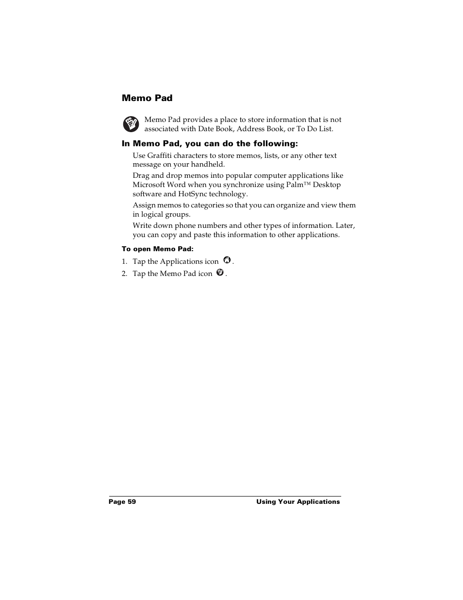 Memo pad, In memo pad, you can do the following, To open memo pad | Palm Handhelds m100 User Manual | Page 66 / 219